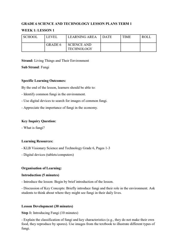 Page 1 – Grade 6 Science and Technology Lesson Plans Term 1 - KLB Visionary – Kenyaplex