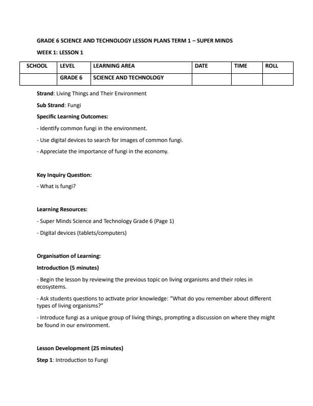 Page 1 – Grade 6 Science and Technology Lesson Plans Term 1 - Super Minds – Kenyaplex