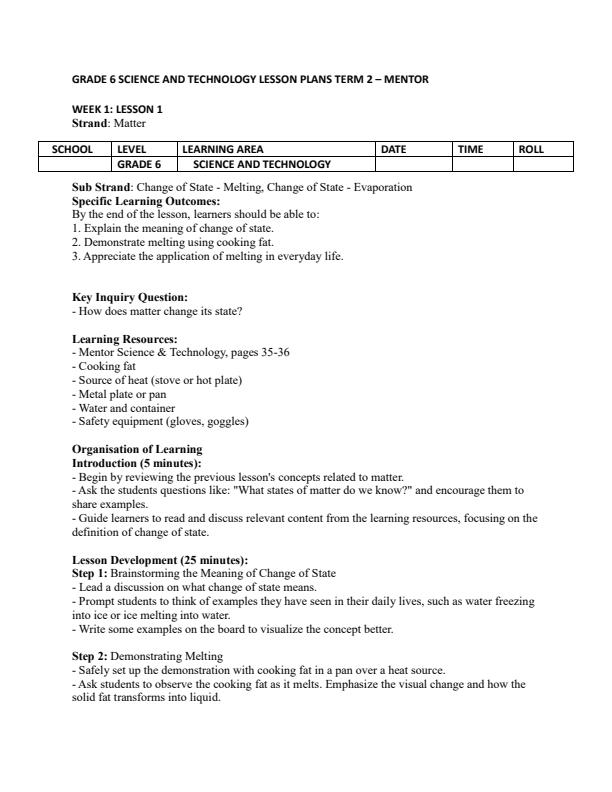 Page 1 – Grade 6 Science and Technology Lesson Plans Term 2 - Mentor – Kenyaplex