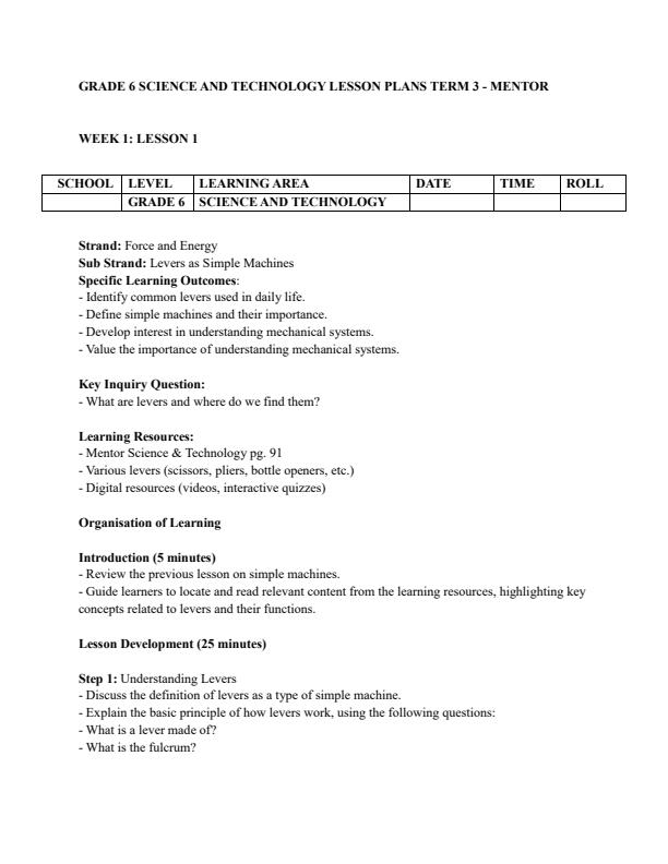 Page 1 – Grade 6 Science and Technology Lesson Plans Term 3 - Mentor – Kenyaplex