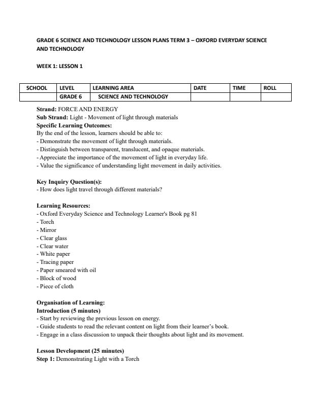 Page 1 – Grade 6 Science and Technology Lesson Plans Term 3 - Oxford Everyday Science and Technology – Kenyaplex
