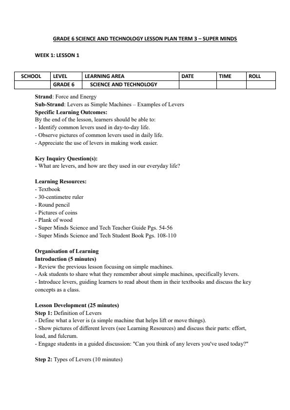 Page 1 – Grade 6 Science and Technology Lesson Plans Term 3 - Super Minds – Kenyaplex