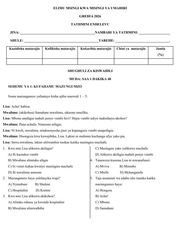 Page 1 – Grade 6 Shughuli za Kiswahili April 2026 Holiday Assignment – Kenyaplex