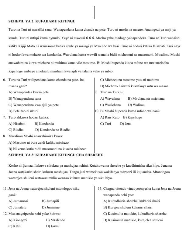 Page 2 – Grade 6 Shughuli za Kiswahili April 2026 Holiday Assignment – Kenyaplex