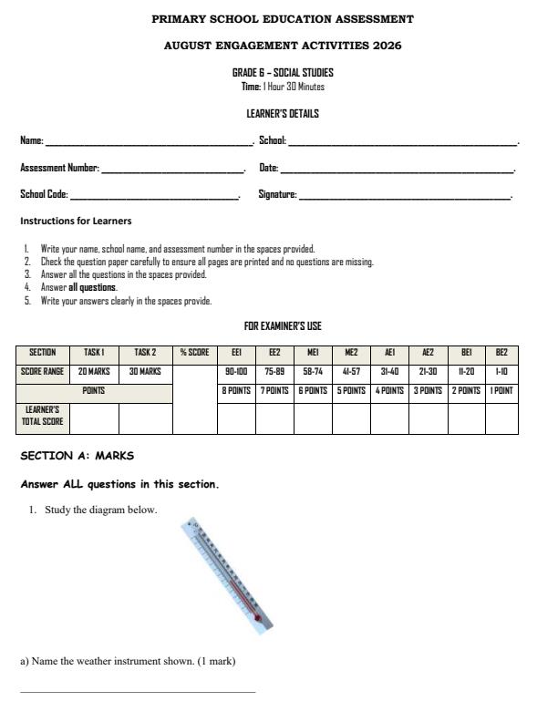 Page 1 – Grade 6 Social Studies August 2026 Holiday Assignment – Kenyaplex