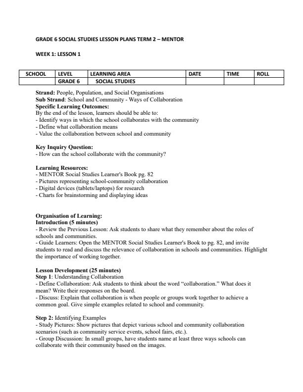 Page 1 – Grade 6 Social Studies Lesson Plans Term 2 - Mentor – Kenyaplex