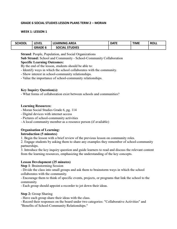 Page 1 – Grade 6 Social Studies Lesson Plans Term 2 - Moran – Kenyaplex