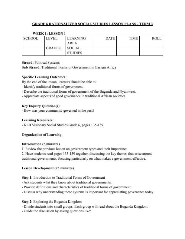Page 1 – Grade 6 Social Studies Lesson Plans Term 3 - KLB Visionary – Kenyaplex