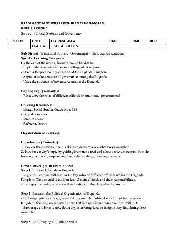 Page 1 – Grade 6 Social Studies Lesson Plans Term 3 - Moran – Kenyaplex