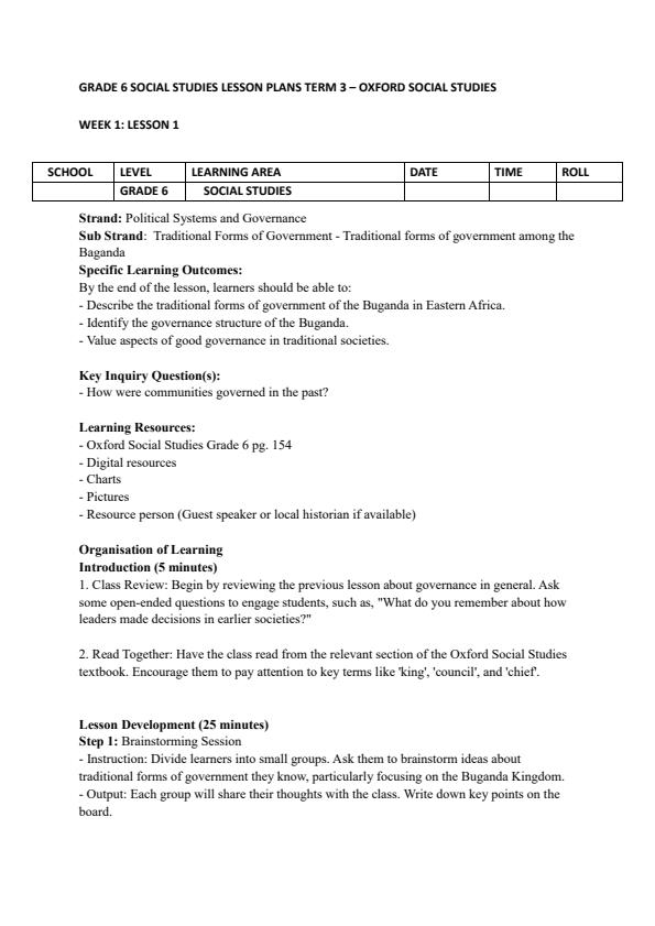 Page 1 – Grade 6 Social Studies Lesson Plans Term 3 - Oxford Social Studies – Kenyaplex