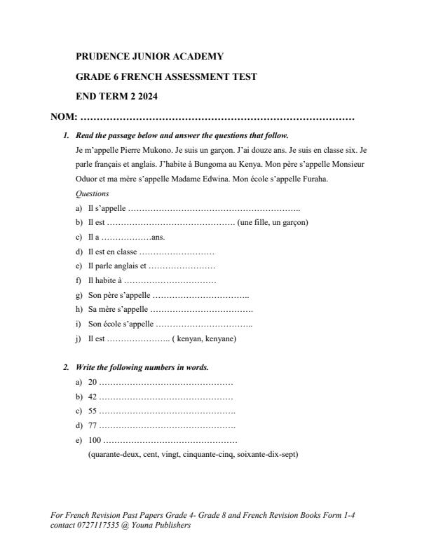 Page 1 – Grade 6 Term 2 2024 French Assessment/ August Holiday Assignment – Kenyaplex
