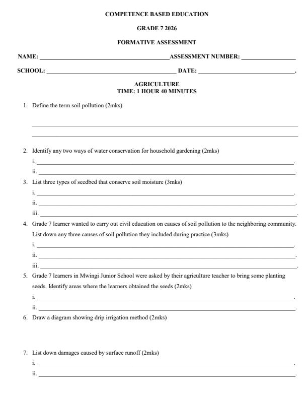 Page 1 – Grade 7 Agriculture April 2026 Holiday Assignment – Kenyaplex