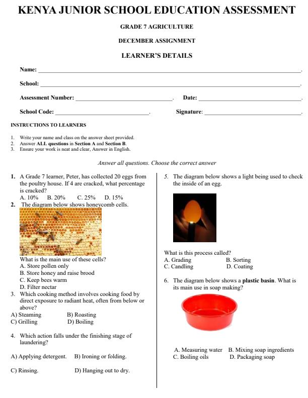 Page 1 – Grade 7 Agriculture December 2026 Holiday Assignment – Kenyaplex