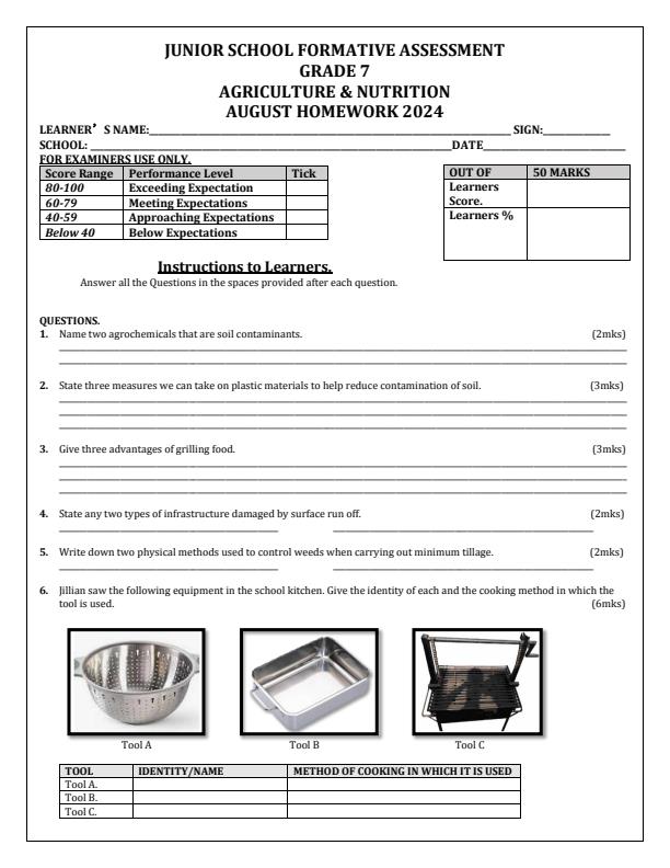 Page 1 – Grade 7 Agriculture and Nutrition August 2024 Holiday Assignment – Kenyaplex