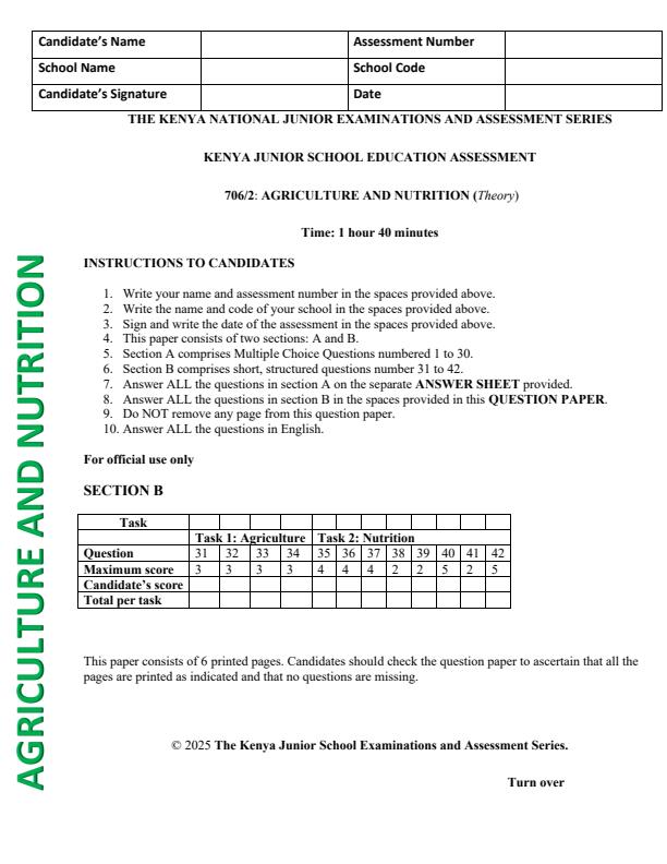 Page 1 – Grade 7 Agriculture and Nutrition August 2025 Holiday Assignment – Kenyaplex