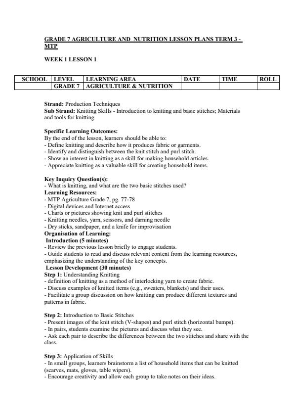 Page 1 – Grade 7 Agriculture and Nutrition Lesson Plan Term 3 - MTP – Kenyaplex