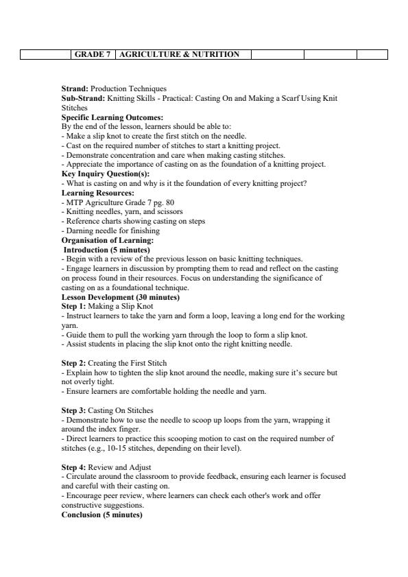 Page 4 – Grade 7 Agriculture and Nutrition Lesson Plan Term 3 - MTP – Kenyaplex