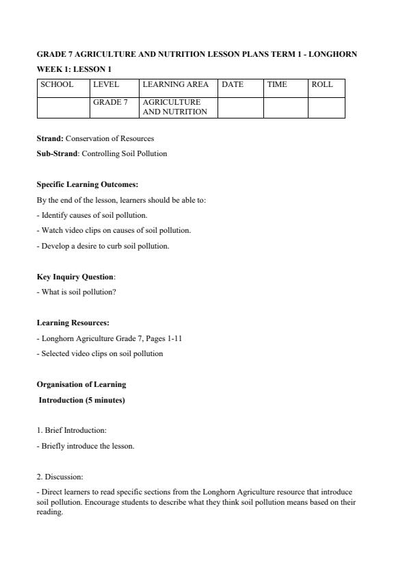 Page 1 – Grade 7 Agriculture and Nutrition Lesson Plans Term 1 - Longhorn – Kenyaplex