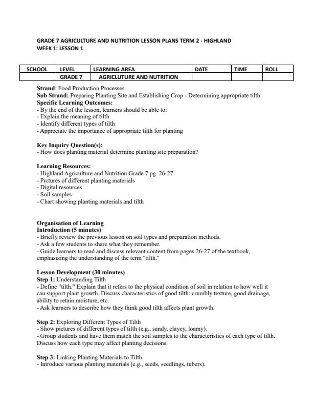 Page 1 – Grade 7 Agriculture and Nutrition Lesson Plans Term 2 - Highland Agriculture and Nutrition – Kenyaplex