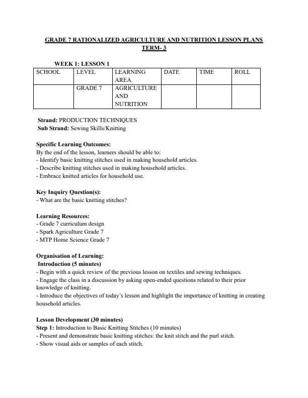 Page 1 – Grade 7 Agriculture and Nutrition Lesson Plans Term 3 - Spark Agriculture – Kenyaplex
