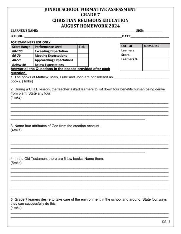 Page 1 – Grade 7 CRE August 2024 Holiday Assignment – Kenyaplex