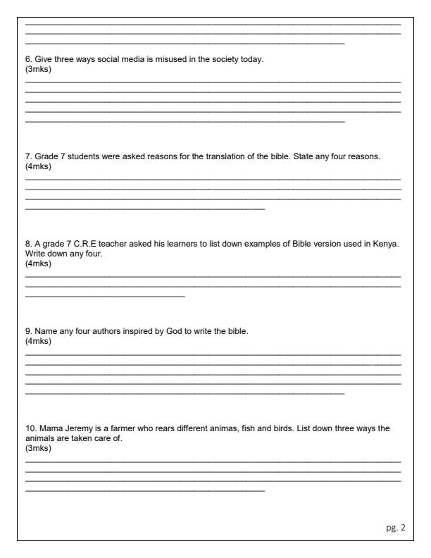 Page 2 – Grade 7 CRE August 2024 Holiday Assignment – Kenyaplex