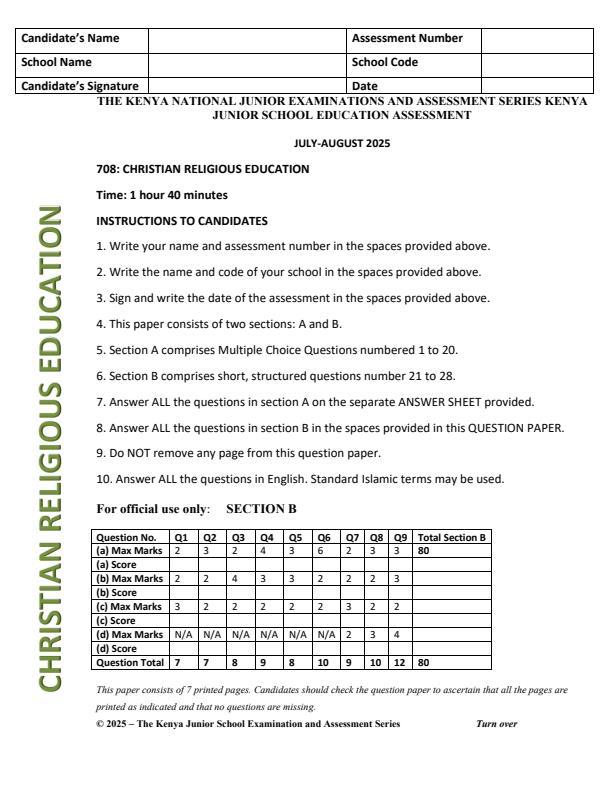 Page 1 – Grade 7 CRE August 2025 Holiday Assignment – Kenyaplex