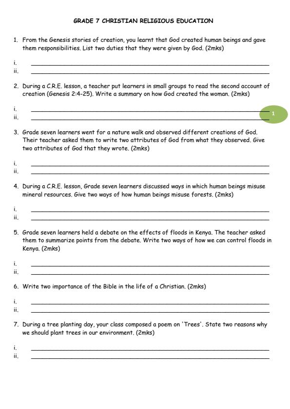 Page 1 – Grade 7 CRE August 2026 Holiday Assignment – Kenyaplex