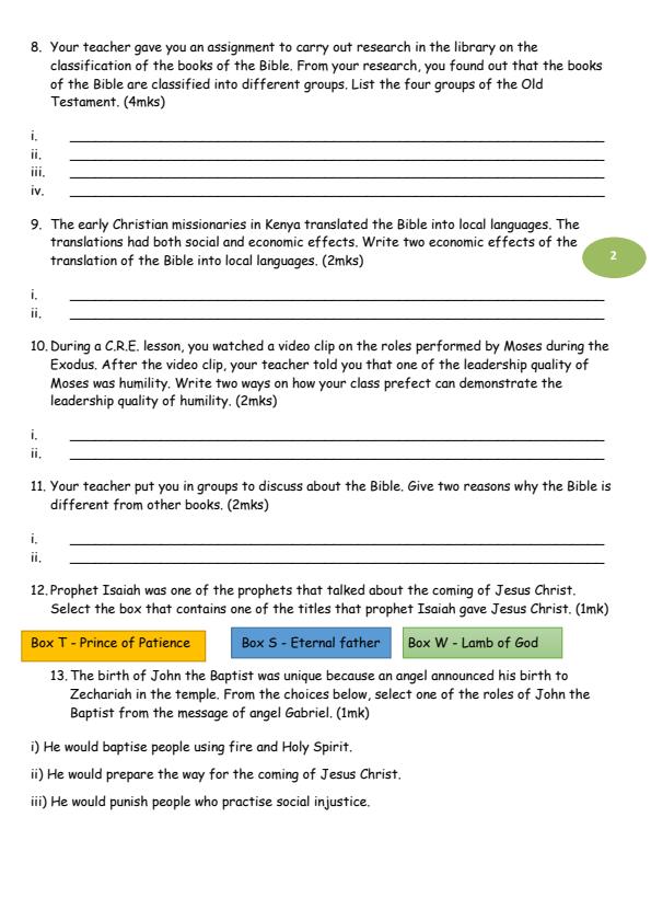 Page 2 – Grade 7 CRE August 2026 Holiday Assignment – Kenyaplex