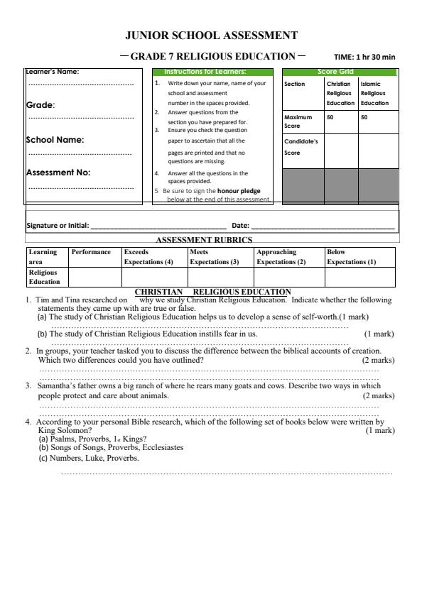 Page 1 – Grade 7 CRE December 2024 Holiday Assignment – Kenyaplex