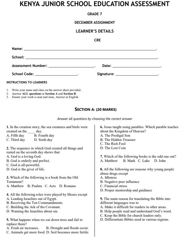 Page 1 – Grade 7 CRE December 2026 Holiday Assignment – Kenyaplex