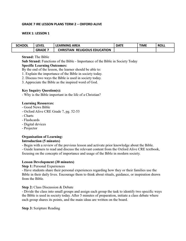 Page 1 – Grade 7 CRE Lesson Plans Term 2 - Oxford Alive – Kenyaplex