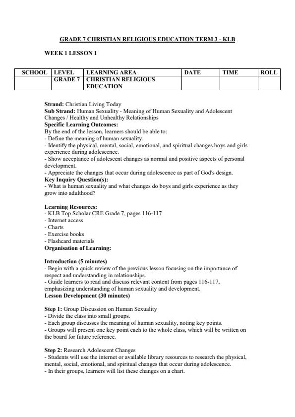 Page 1 – Grade 7 CRE Lesson Plans Term 3 - KLB Top Scholar – Kenyaplex