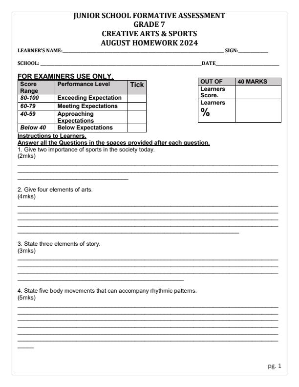 Page 1 – Grade 7 Creative Arts and Sports August 2024 Holiday Assignment – Kenyaplex