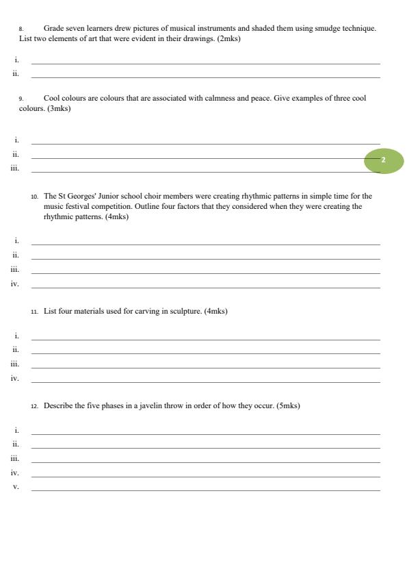 Page 2 – Grade 7 Creative Arts and Sports August 2026 Holiday Assignment – Kenyaplex