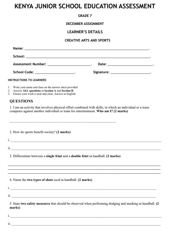 Page 1 – Grade 7 Creative Arts and Sports December 2026 Holiday Assignment – Kenyaplex