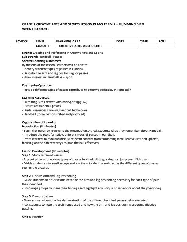 Page 1 – Grade 7 Creative Arts and Sports Lesson Plans Term 2 - Humming Bird – Kenyaplex