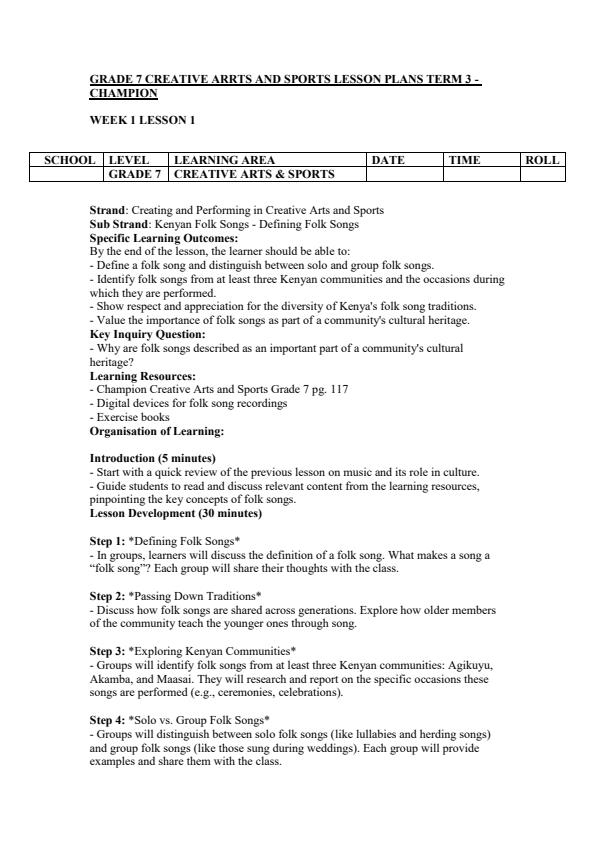 Page 1 – Grade 7 Creative Arts and Sports Lesson Plans Term 3 - Champion – Kenyaplex