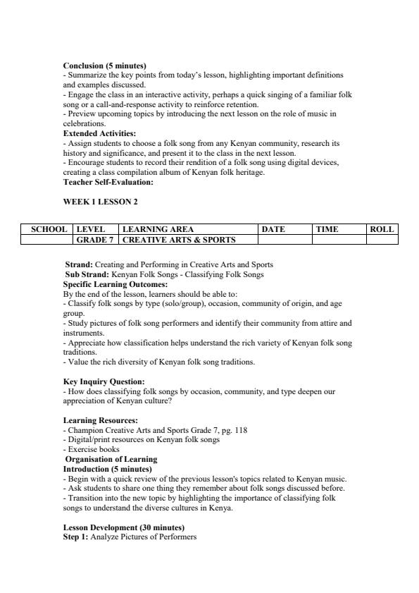 Page 2 – Grade 7 Creative Arts and Sports Lesson Plans Term 3 - Champion – Kenyaplex
