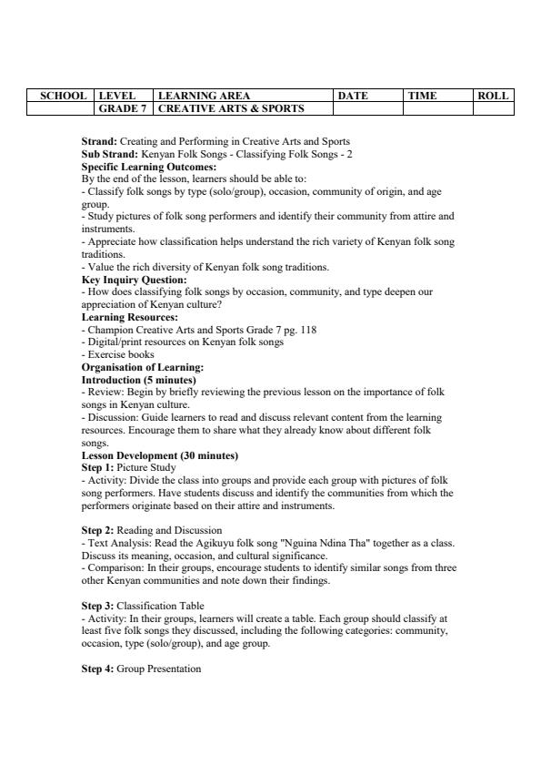 Page 4 – Grade 7 Creative Arts and Sports Lesson Plans Term 3 - Champion – Kenyaplex