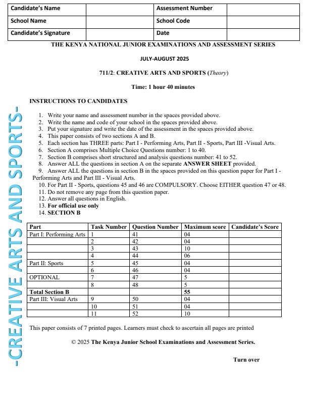 Page 1 – Grade 7 Creative Arts and Sports Paper 2 August 2025 Holiday Assignment – Kenyaplex
