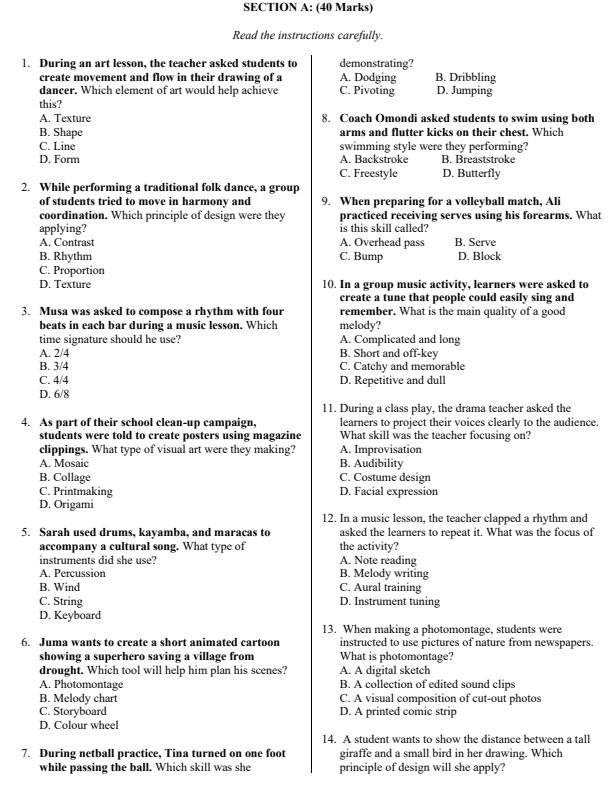Page 2 – Grade 7 Creative Arts and Sports Paper 2 August 2025 Holiday Assignment – Kenyaplex