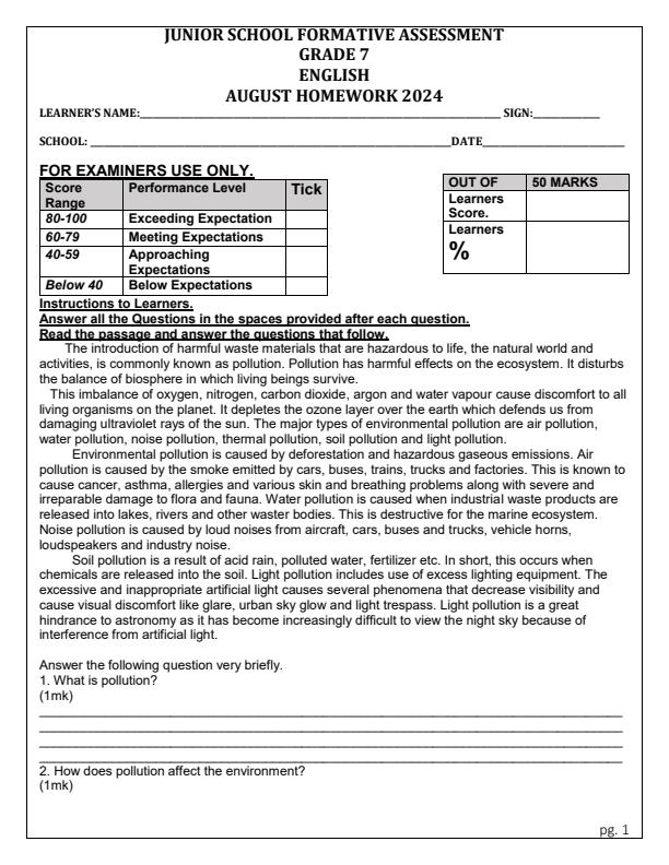 Page 1 – Grade 7 English August 2024 Holiday Assignment – Kenyaplex