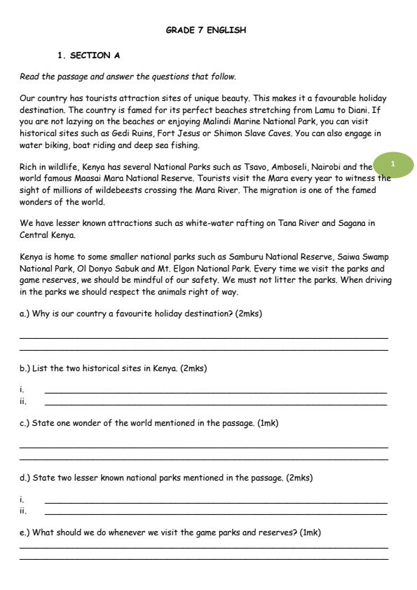Page 1 – Grade 7 English August 2026 Holiday Assignment – Kenyaplex