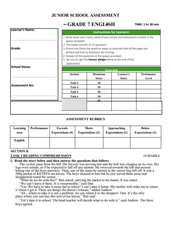 Page 1 – Grade 7 English December 2024 Holiday Assignment – Kenyaplex