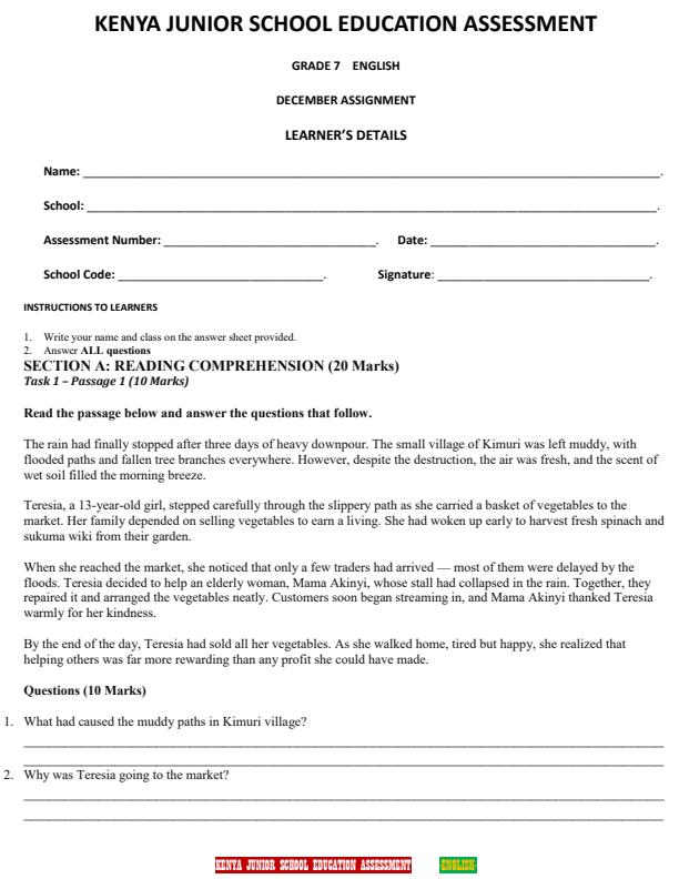 Page 1 – Grade 7 English December 2026 Holiday Assignment – Kenyaplex