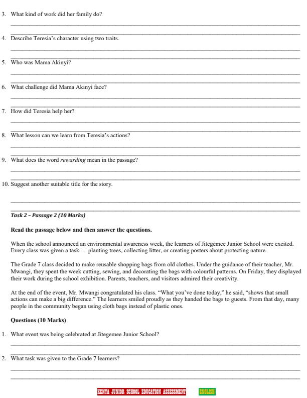 Page 2 – Grade 7 English December 2026 Holiday Assignment – Kenyaplex