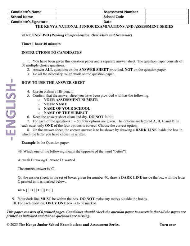 Page 1 – Grade 7 English Paper 1 August 2025 Holiday Assignment – Kenyaplex