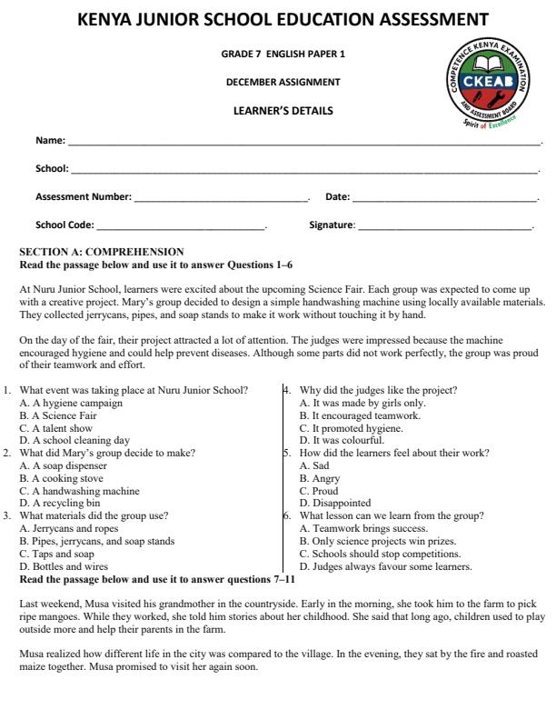 Page 1 – Grade 7 English Paper 1 December 2026 Holiday Assignment – Kenyaplex