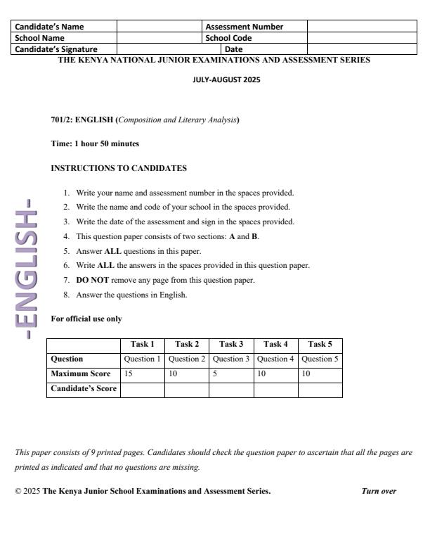 Page 1 – Grade 7 English Paper 2 August 2025 Holiday Assignment – Kenyaplex